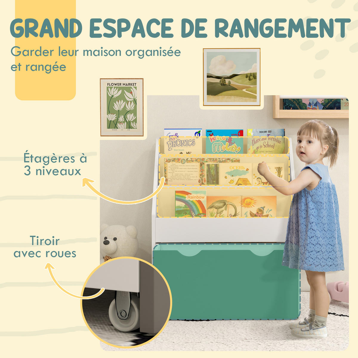 KINDERREGAL DE-17234 3 Ebenen & 1 Schublade Grün - Grün, Naturmaterialien (62.5/70/30cm) - ComfortXL