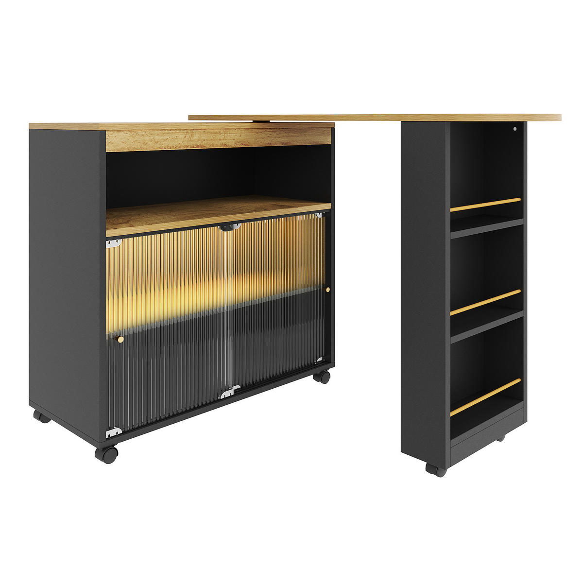 BAROVÝ stůl 138-204/39/105 cm černý z MDF s LED osvětlením a úložným prostorem - černá, kompozitní dřevo (39/204/105cm) - OKWISH