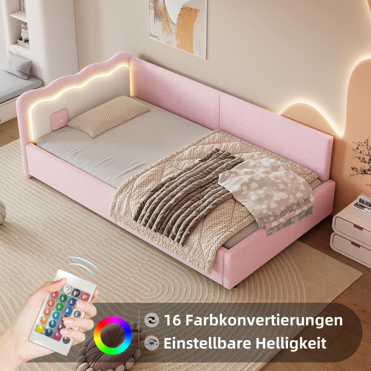 TAGEBETT 90x200cm Rosa Vliesimitat LED-Umgebungslicht Fernbedienung - Pink, Holz (90/200cm) - FLIEKS