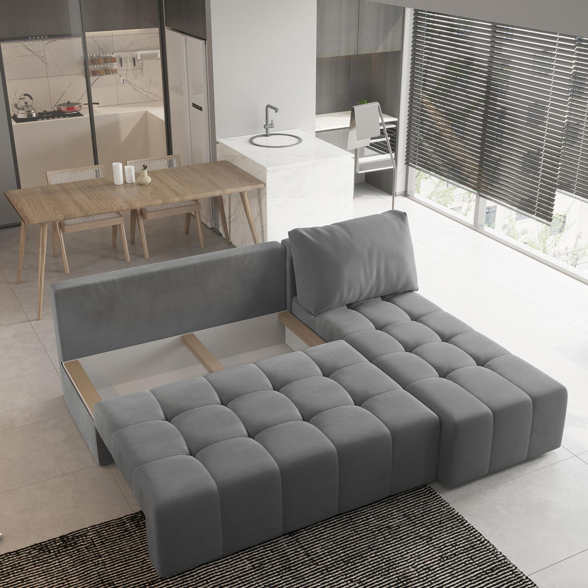 ECKSOFA DOMIRA Grau Plüsch-Stoff mit Schlaffunktion - Grau, Holz (200/141cm) - MASSENO