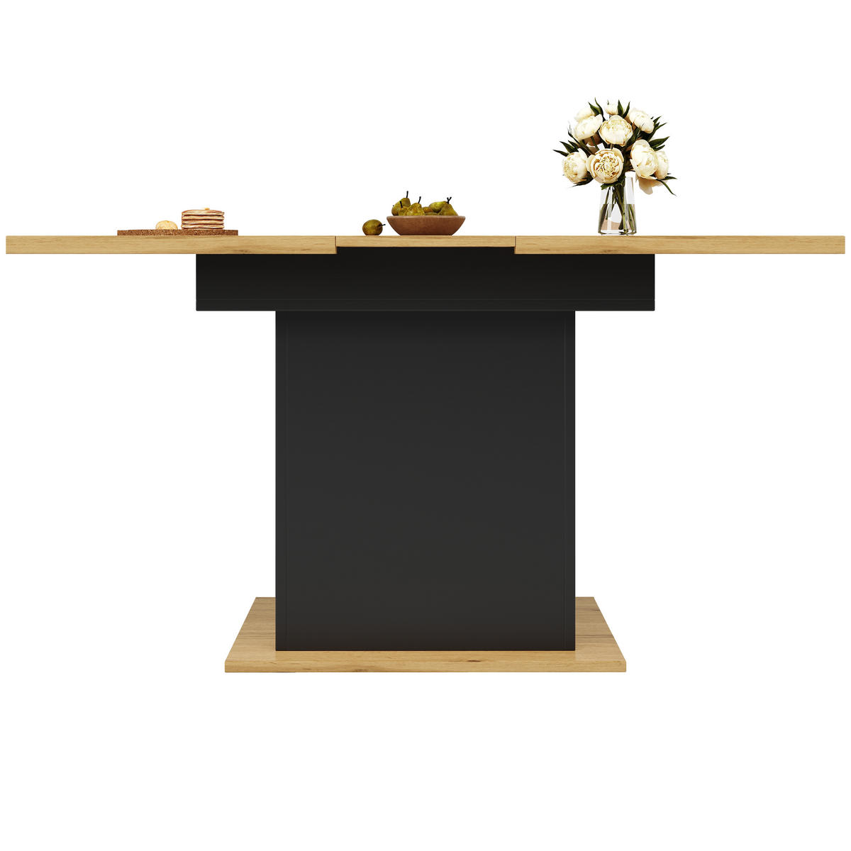 ESSTISCH in Naturfarben und Schwarz mit ausziehbarer Tischplatte und 2 Schubladen für Küche, B110-140/T80/H76 cm - Schwarz, Holzwerkstoff/Metall (80/140/76cm) - STILVORA