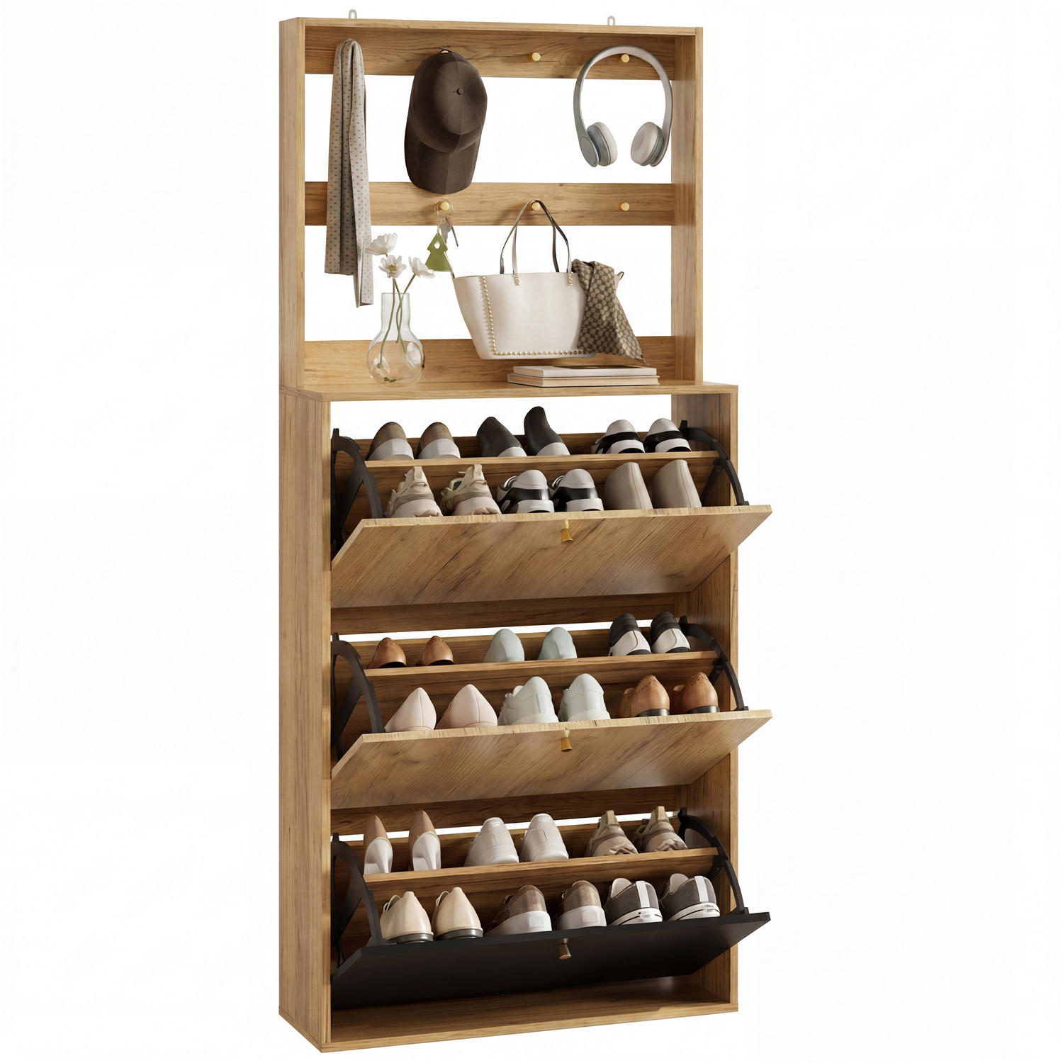 SCHUHSCHRANK mit 3 Klappen & Haken Natur/Schwarz - Naturfarben, Holz (75/180/24cm) - Kaket