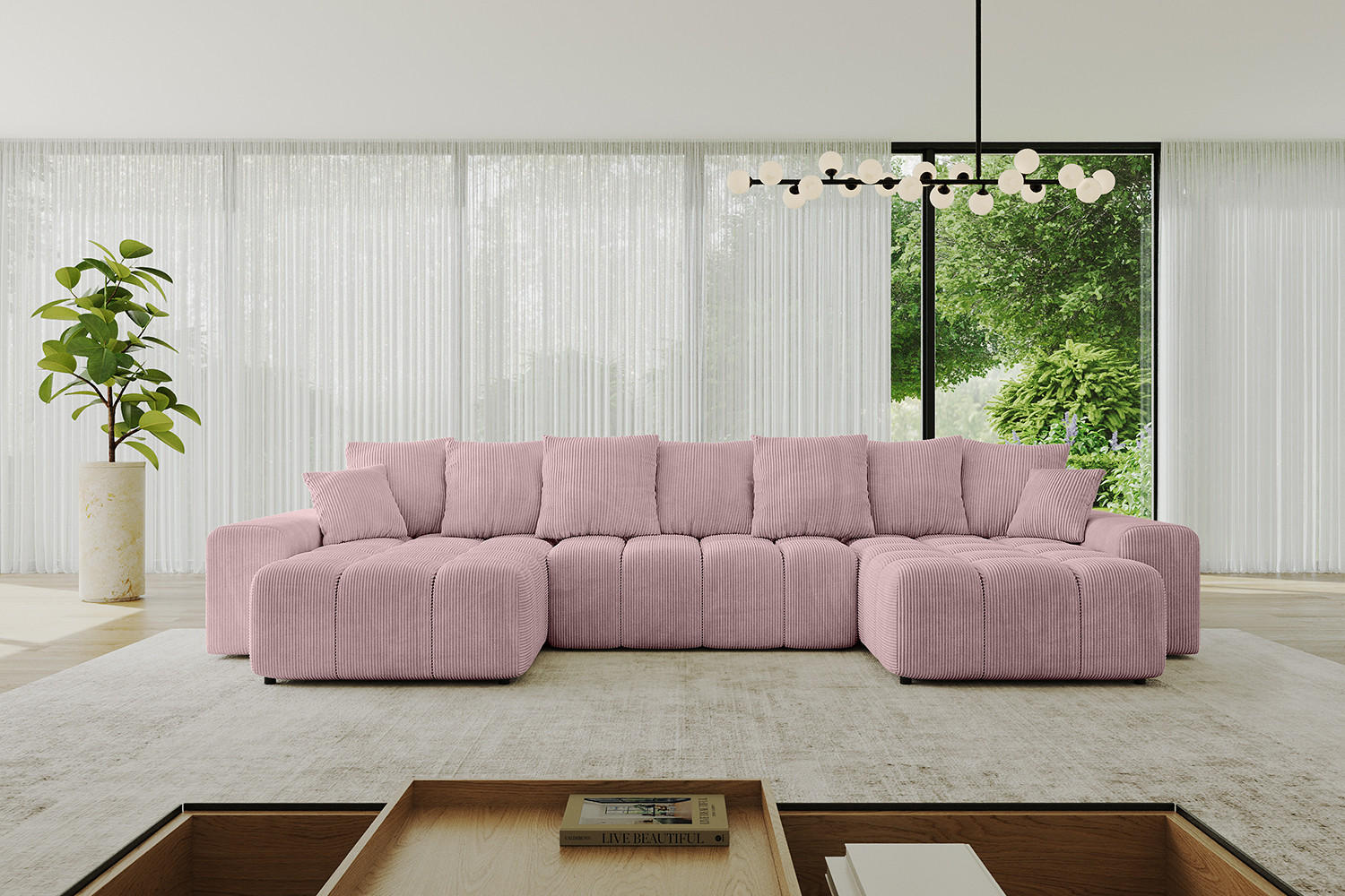 WOHNLANDSCHAFT ENIL-U 390x175x84 Rosa Cord - Rosa, Holzwerkstoff/Kunststoff (390/84/175cm) - ALTDECOR