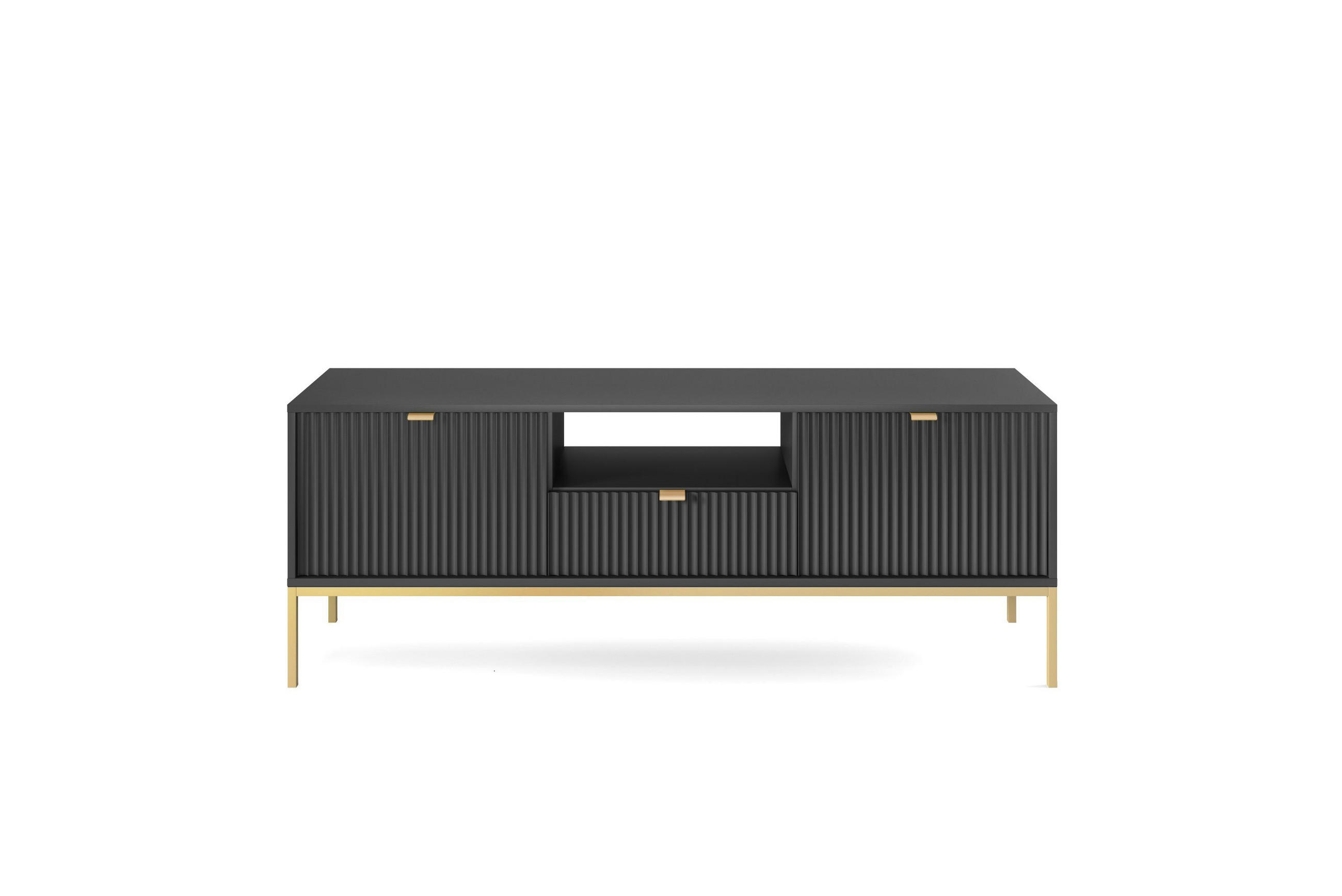 TV-SCHRANK NOVA Geriffelt Regal, 2 Türen, Schublade, Goldene Beine, 154x39x56cm, Schwarz - Goldfarben/Schwarz, Holzwerkstoff/Kunststoff (154/56/39cm) - DomoHome