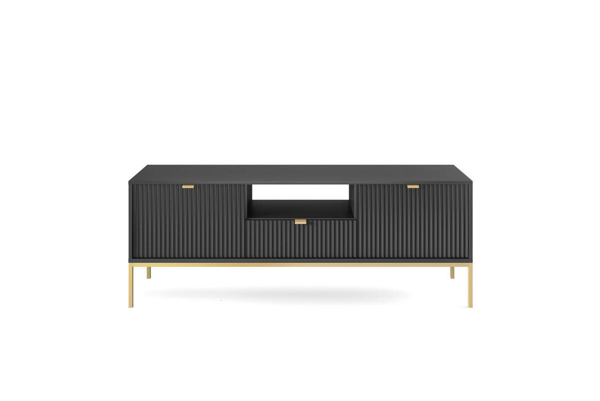 TV-SCHRANK NOVA Geriffelt Regal, 2 Türen, Schublade, Goldene Beine, 154x39x56cm, Schwarz - Goldfarben/Schwarz, Holzwerkstoff/Kunststoff (154/56/39cm) - DomoHome