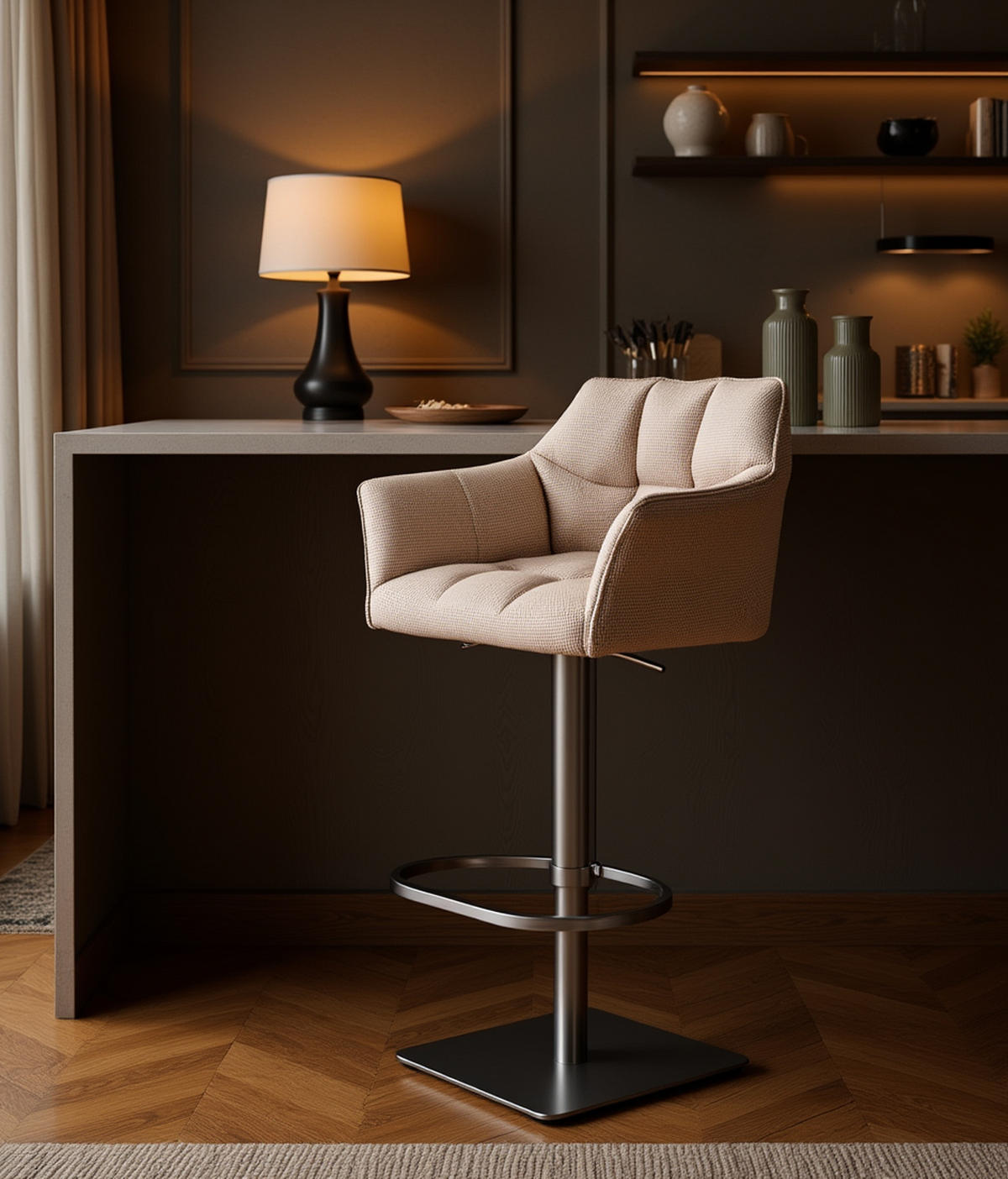 BARHOCKER 2er Set Damaskus Stoff edelstahl elfenbein - Edelstahlfarben/Naturfarben, Textil/Metall (64/110/48cm) - TPFLiving