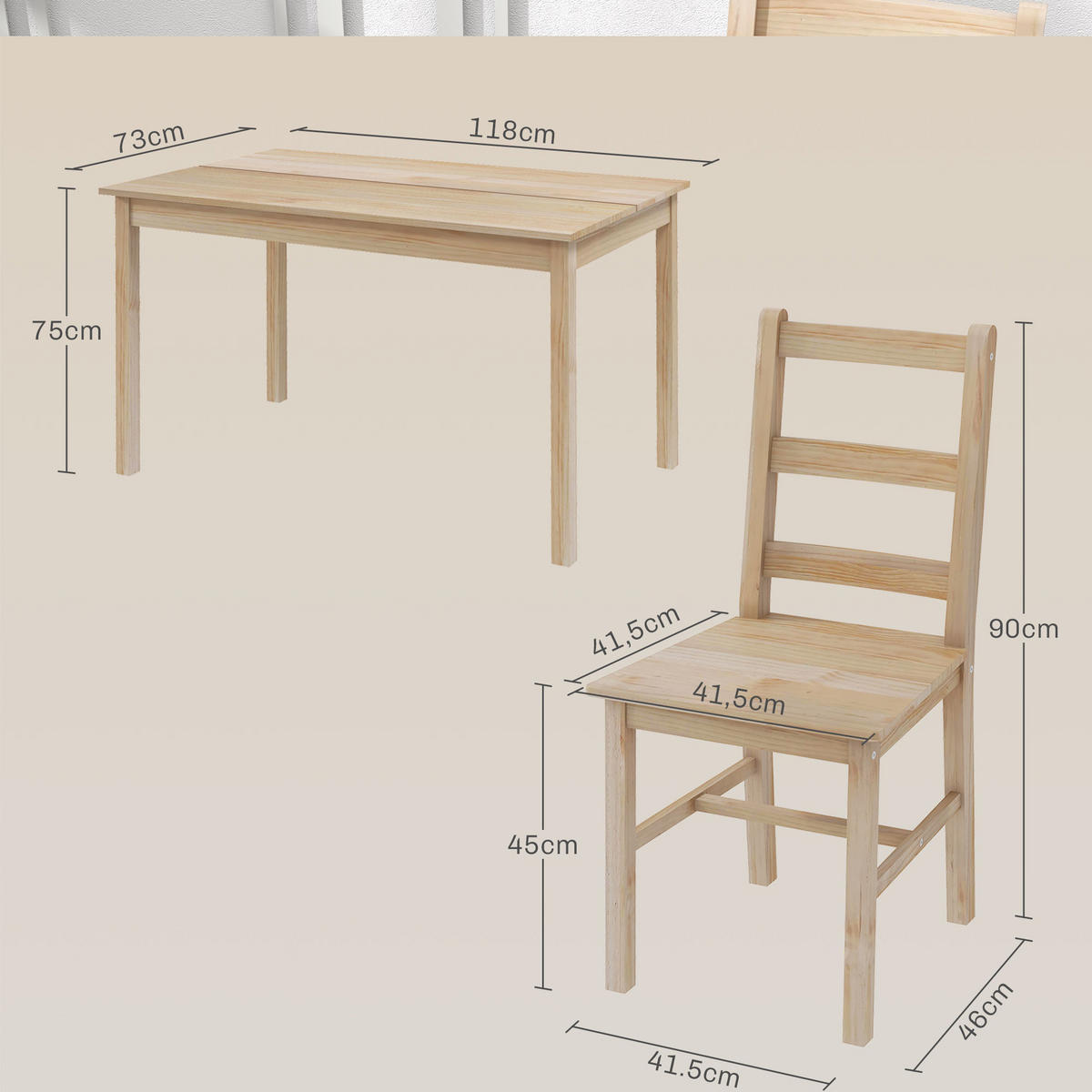 ESSGRUPPE mit 1 Tisch und 4 Stühlen Naturfarben 118.0/73.0/75.0 cm - Naturfarben, Holz (73/75/118cm)