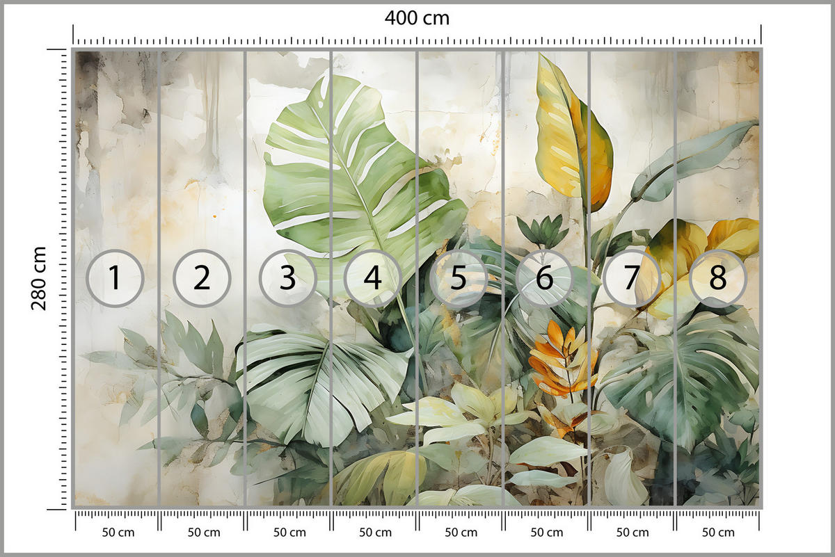 FOTOTAPETE für Wohnzimmer Tropische Blätter Aquarell Abstrakt 400x280 - Gelb/Beige, Papier (400/280cm) - Muralo
