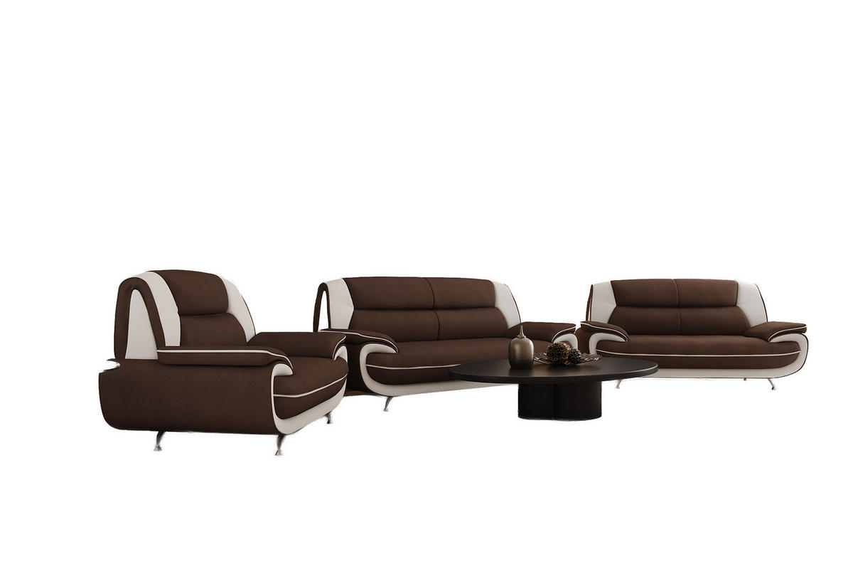 SOFAGARNITUR 3+2+1, Stoff Kronos, Braun + Weiß, Palermo - Braun, Holz (198/89/87cm) - Kaiser Möbel