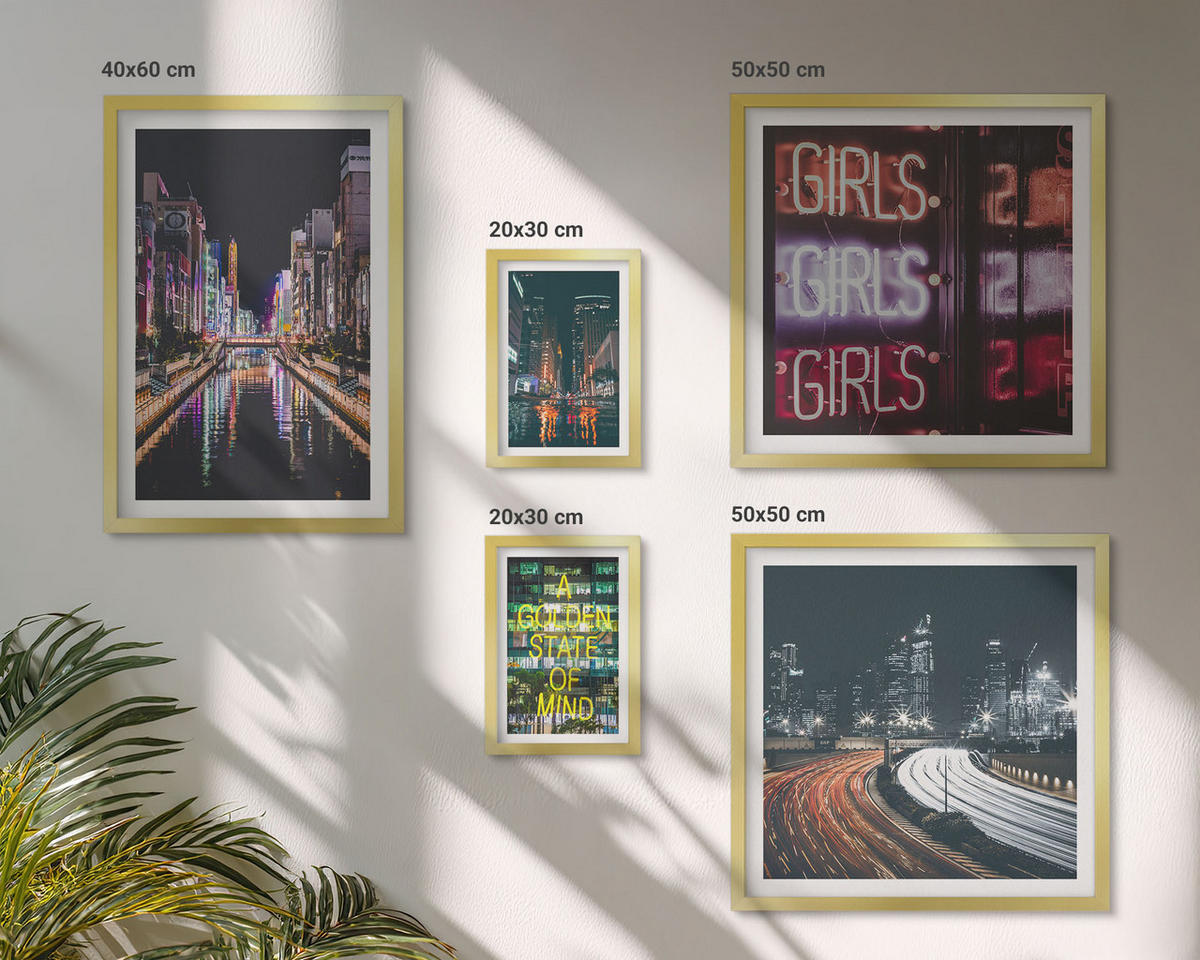 BILDER SET 5er Set - 50x50 cm & 20x30 cm & 40x60 cm Goldrahmen - Neonreklamen in der Stadt bei Nacht - Goldfarben, Kunststoff (40/60cm) - TULUP