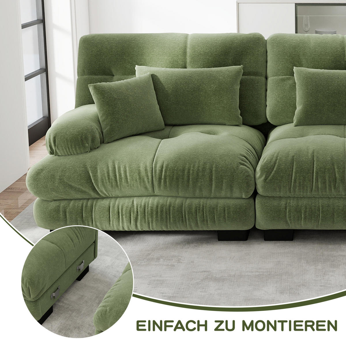 WOHNLANDSCHAFT aus Chenille in Grün mit modularem Design & beweglichen Ottomans - Grün, Textil (145/81/406cm) - Modfu