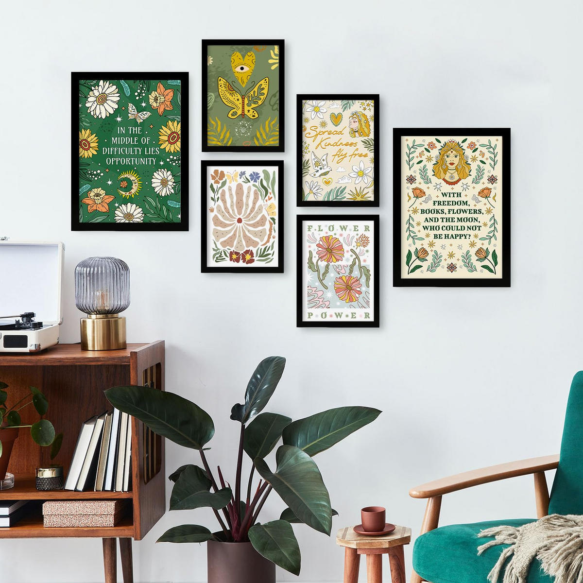 POSTER Set Mit 6 Drucken Mit Freundlichkeit In Der Brillanten Groovy Dekorative Rahmen Für Ihr Zuhause Wandkunstdruck A3 & A4 Schwarzer Rahmen - Schwarz, Papier (29/3cm) - Nacnic