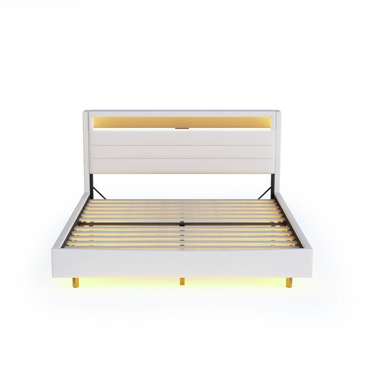 POLSTERBETT aus Leinenstoff 140x200 cm Beige mit LED-Beleuchtung, USB-Steckdose und Stauraum - Beige, Textil (140/200cm) - IVMEU