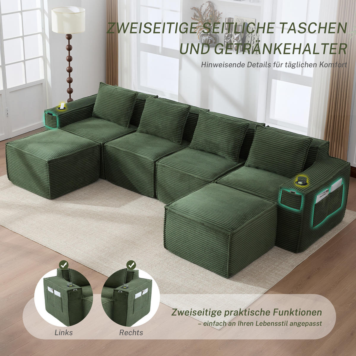 WOHNLANDSCHAFT 330/162/75 cm Grün mit 2 Fußhocker, Getränkehalter und Seitentaschen - Grün, Textil (330/75/162cm) - Oxeza