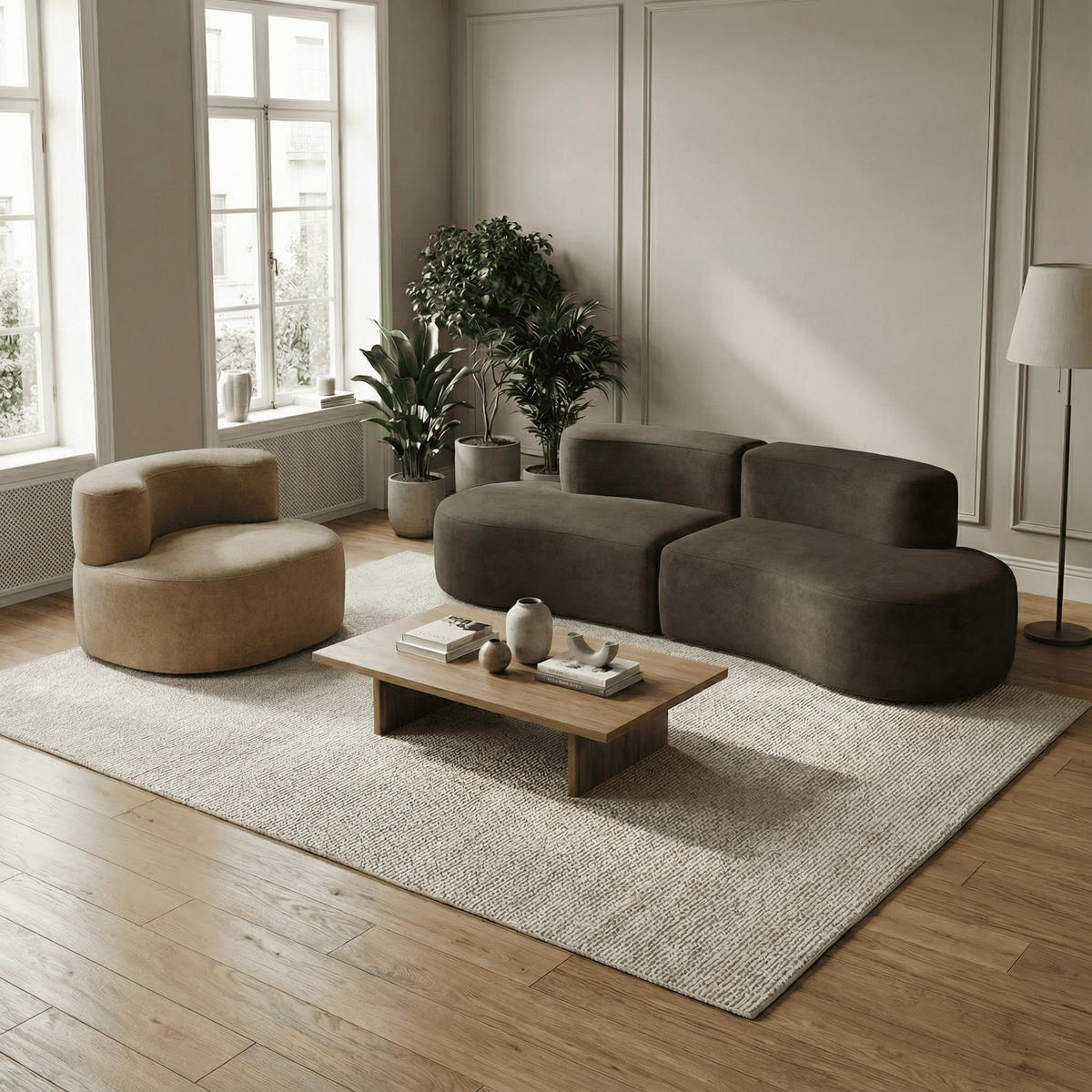 SITZGARNITUR Lounge Sofa und Sessel Schokolade und Sand - Dunkelbraun/Beige, Textil (240/75/102cm) - COCO Living