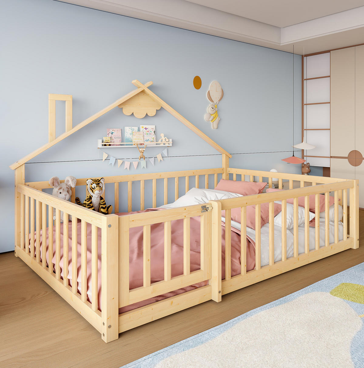 KINDERBETT 140/190 cm aus Kiefern mit Hausrahmen, Schutzgeländer und Verschluss, Natur - Naturfarben, Holzwerkstoff (140/190cm) - Redom