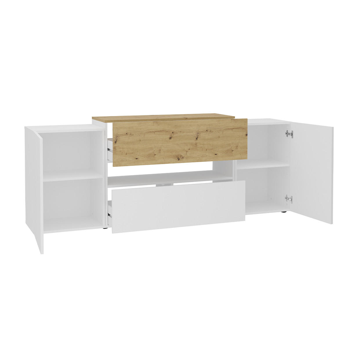 TV-MÖBEL mit 2 Türen und 2 Schubladen, weiß glänzend und Eiche Olpe - L182 cm - Weiß Hochglanz, Holzwerkstoff (33/70/182cm) - Calicosy