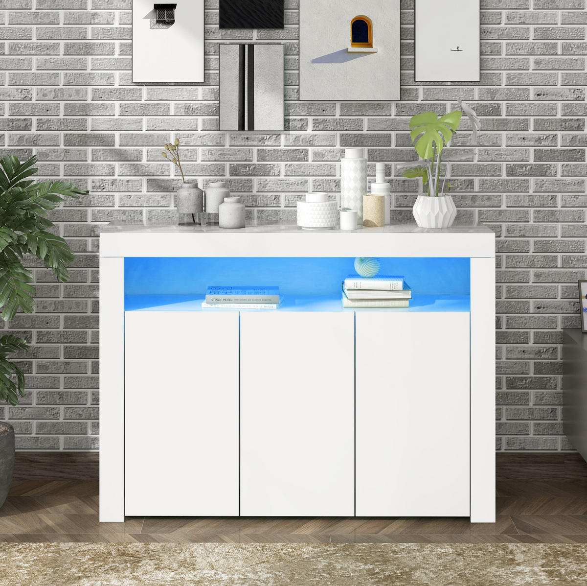 SIDEBOARD 130/35/95 cm Weiß aus Spanplatte mit LED-Beleuchtung - Weiß, Holzwerkstoff (130/95/35cm) - OKWISH