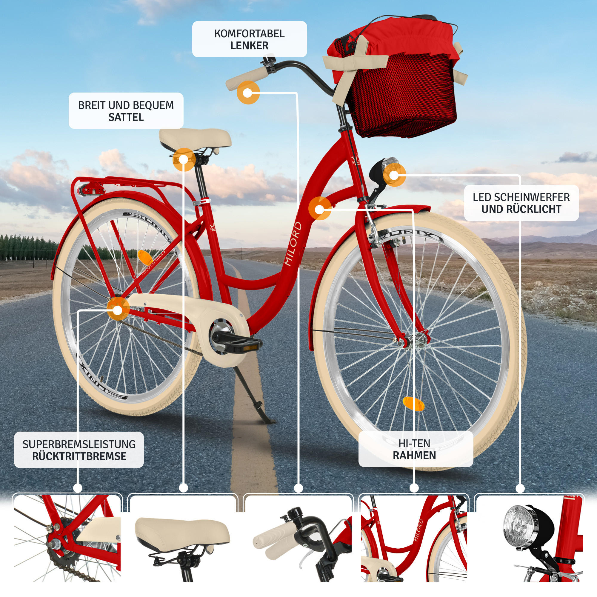 CITY-FAHRRAD Milord mit Metallkorb, 28 Zoll, Rot, 1-Gang - Rot, Metall (46cm) - Milordbikes