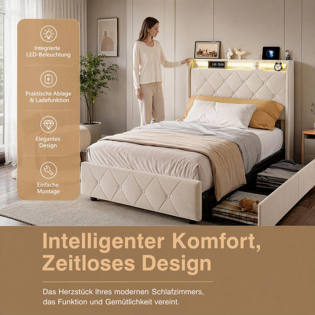 POLSTERBETT, LED-Beleuchtung Einzelbett 90x200cm mit Ladefunktion und 2 Schubladen, Samt, beige - Beige, Holz/Holzwerkstoff (90/200cm) - GENKI LIVING