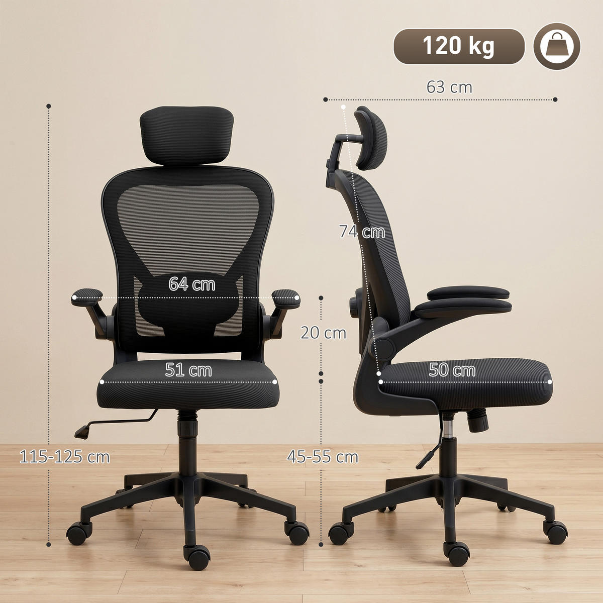KANCELÁŘSKÁ ŽIDLE Ergonomická kancelářská židle se sklopnými područkami Černá - černá, textil/plast (63/125/64cm) - HOMCOM