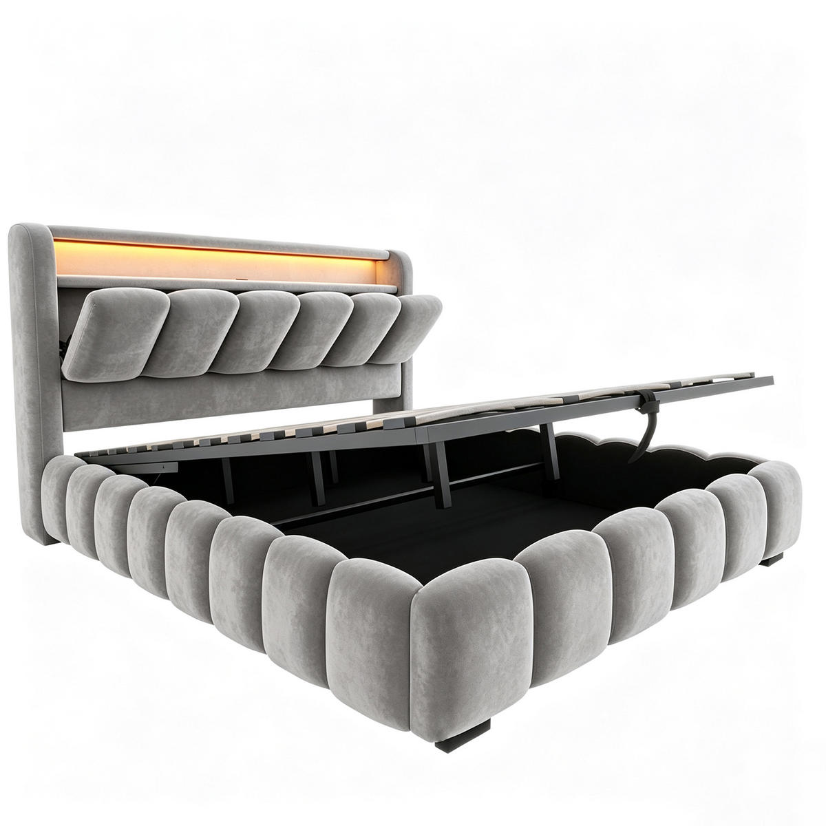 BOXBETT 180/200 mit LED/USB-C, Samt, Grau - Grau, Holz (180/200cm) - LVHOM
