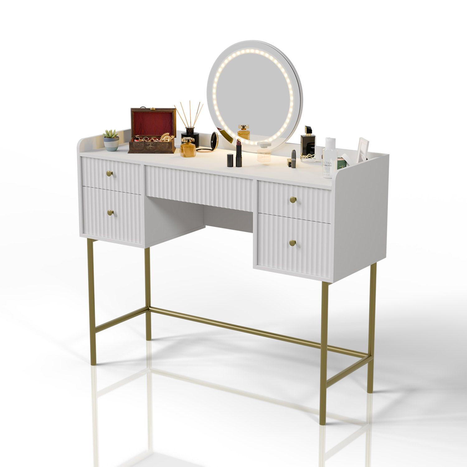 SCHMINKTISCH Samira weiß/gold mit Touch-LED-Spiegel - Weiß, Holz (115/137/40cm) - Juskys