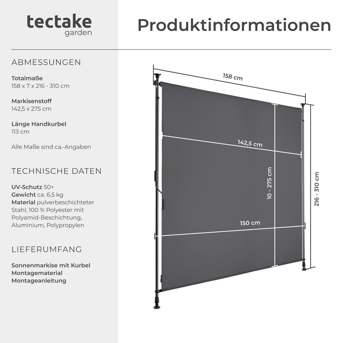 KLEMMMARKISE Taija,leichtgängige Handkurbel,dunkelgrau - Dunkelgrau, Kunststoff (158/310cm) - tectake