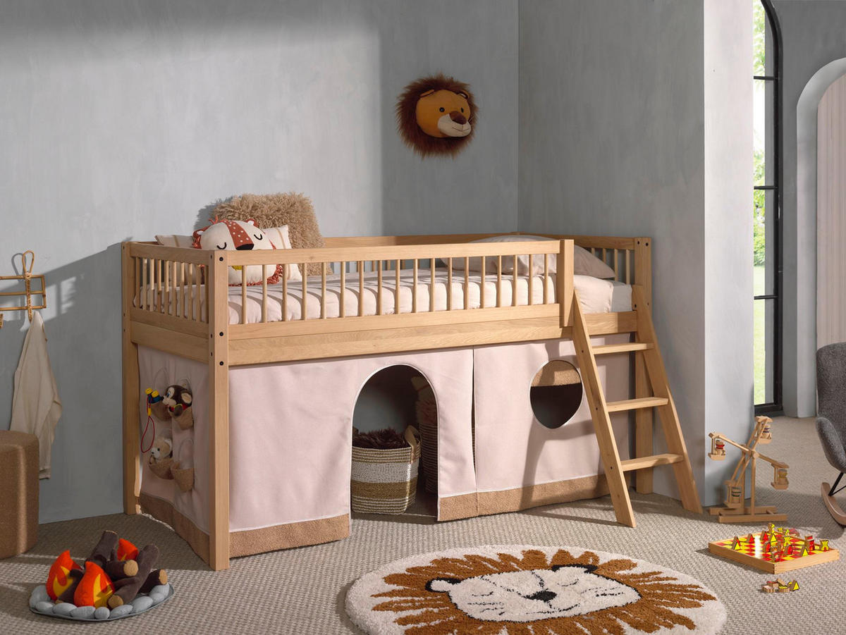 HALBHOHES BETT Kelci 90x200 Leiter + Textilset Buche Massivholz natur - Buchefarben, Holz (90/200cm) - 58aufmkessel
