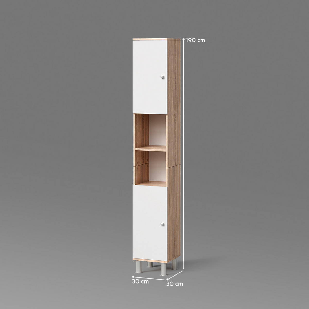 BADSCHRANK Fucino Sonoma 30 x 190 cm - Weiß/Sonoma Eiche, Holzwerkstoff (30/190/30cm) - Livinity®