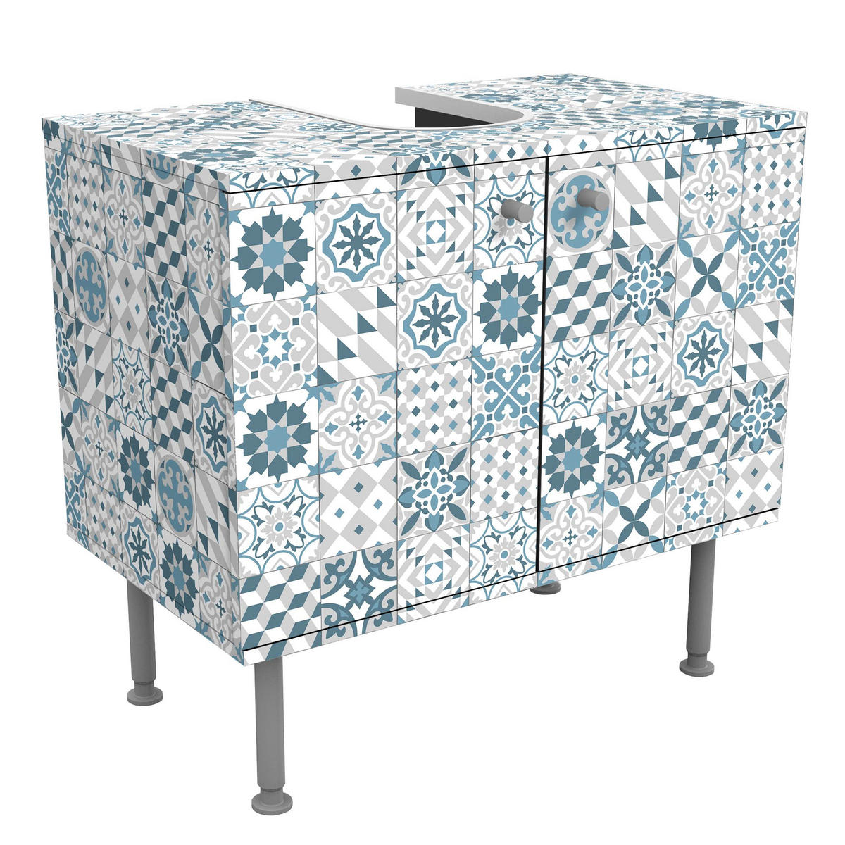 WASCHBECKENUNTERSCHRANK Geometrischer Fliesenmix Blaugrau 60/55/35 cm - Blau, Holzwerkstoff (60/55/35cm) - Bilderwelten
