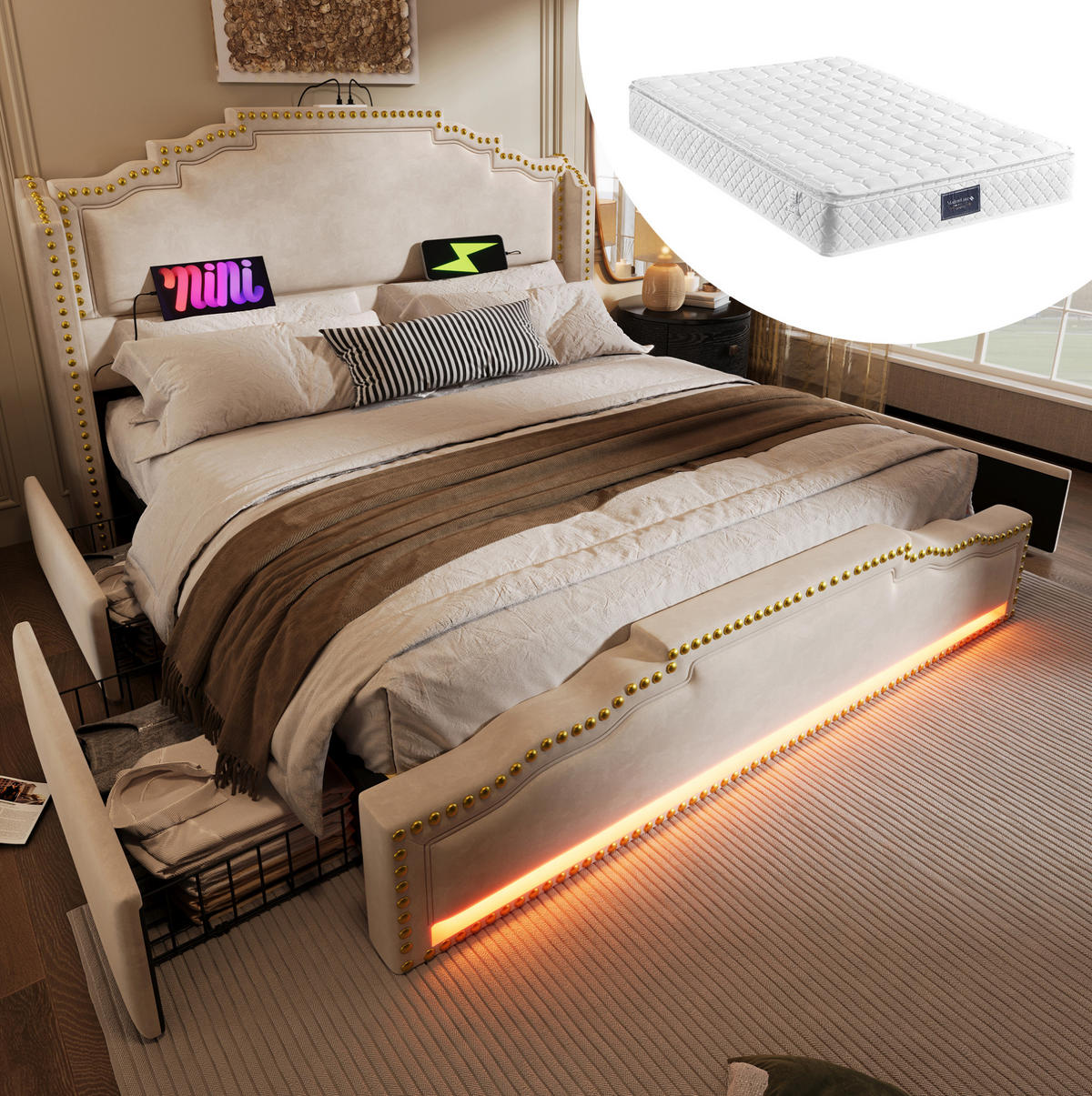 BETT mit 4 Schubladen LED USB-C 140x200 cm Samt Beige mit Matratze - Beige, Metall (140/200cm) - Meubliv