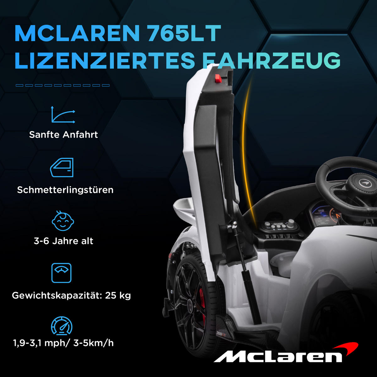 KINDER-ELEKTROAUTO mit Flügeltüren, fernsteuerbar, mit sanftem Antrieb und LED-Lichtern, Weiß - Weiß, Kunststoff/Metall (113/68/44cm) - AIYAPLAY