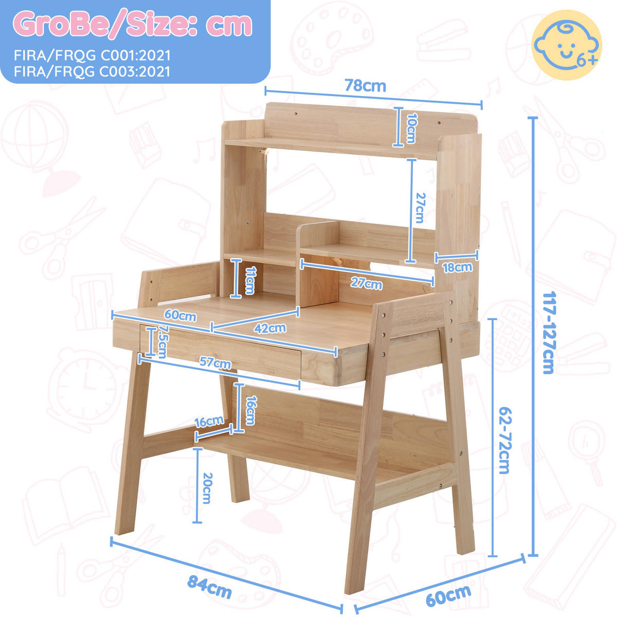 SCHREIBTISCH Naturfarben 84/60/127,5 cm mit LED-Lichtleiste und USB-Anschluss - Naturfarben, Holz (60/84/127.5cm) - PANGIVO