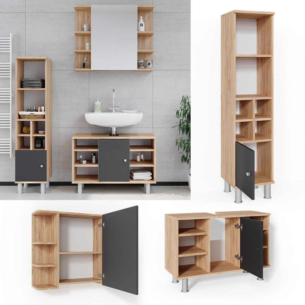 BADMÖBEL-SET Fynn Goldkraft Eiche 3 Teile, mit Midischrank Tür klein - Anthrazit/Eiche Wotan, Holzwerkstoff (60/54/32cm) - Vicco