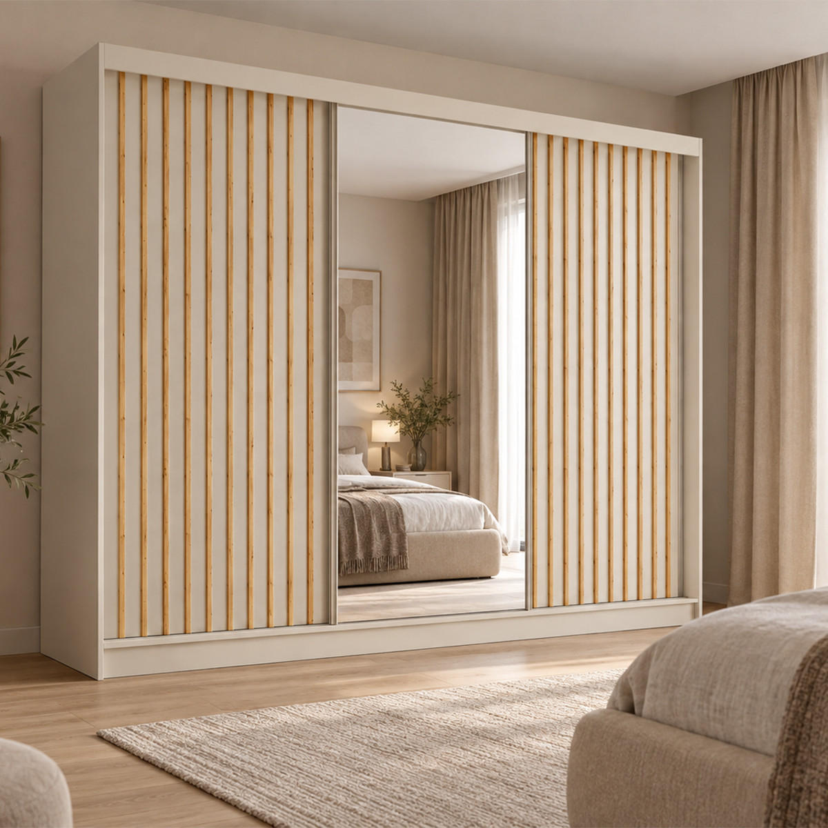 KLEIDERSCHRANK Lumil 240 cm Kaschmir Spiegel Griffe silber - Kaschmir, Holzwerkstoff (240/216/61cm) - KS Home Concept