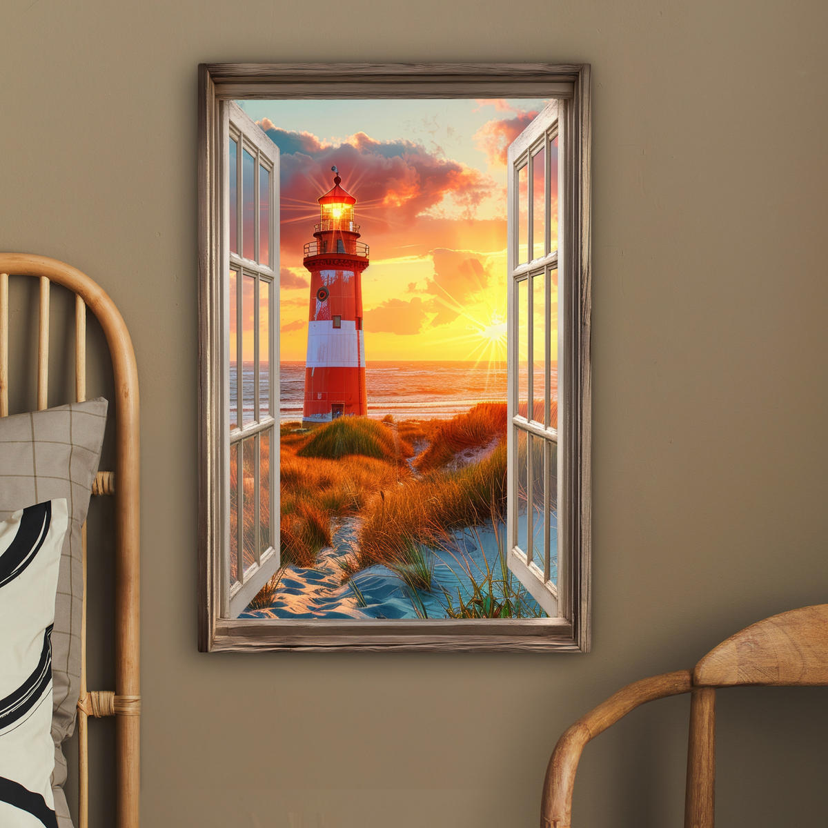 LEINWANDBILD Aussicht - Fenster - Leuchtturm - Sonnenuntergang - Strand 40x60 cm - Dunkelorange, Textil (40/60cm) - MuchoWow