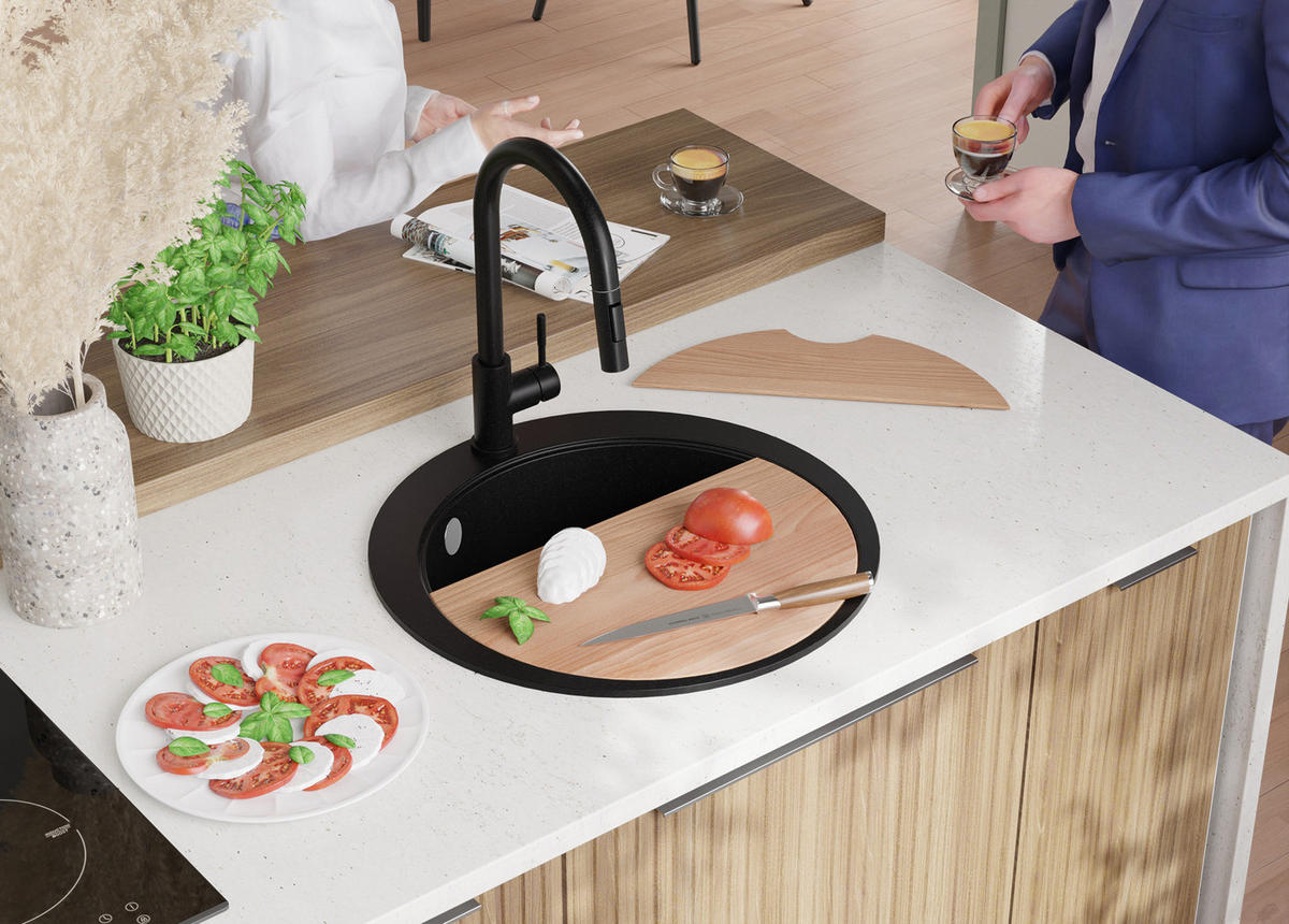 GRANITSPÜLE Pisa Max, 2-er set Schwarz 53/53 cm 1 Becken + Küchenarmatur 40/38 cm + Ablauf-Set + Schneidebrett ab 50er Unterschrank - Chromfarben/Beige, Kunststoff (53/20/53cm) - Primagran