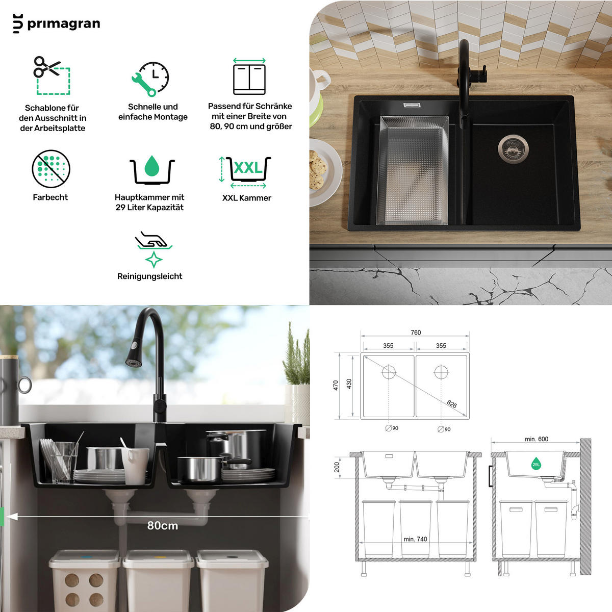 GRANITSPÜLE London Slim Twin, 2-er set Alles Weiß 76/47 cm 2 Becken + Küchenarmatur 32/20 cm + Ablauf-Set ab 80er Unterschrank - Weiß, Kunststoff (76/20/47cm) - Primagran