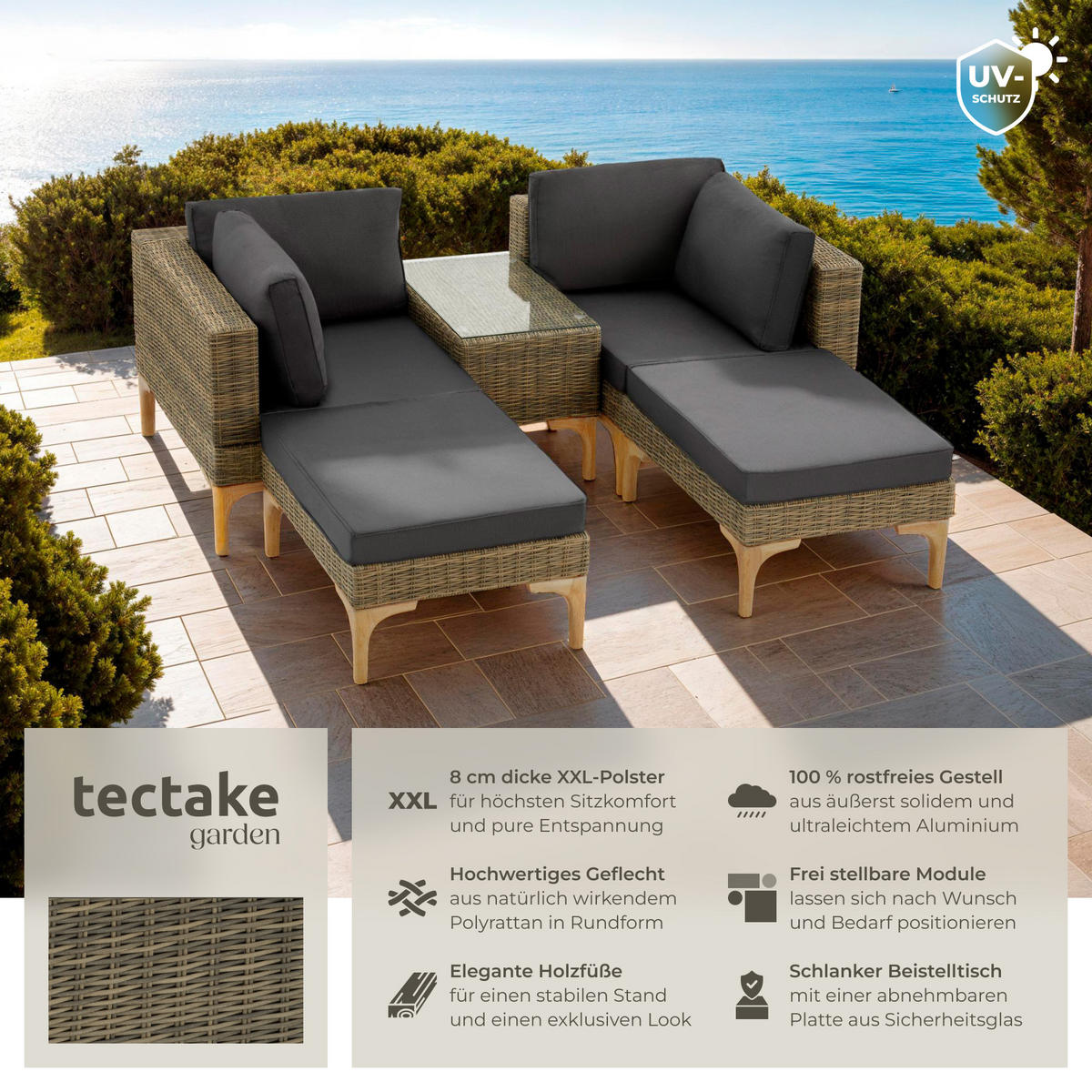 RATTANLOUNGE Bellaria,mit Sicherheitsglasplatte,natur - Naturfarben, Kunststoff/Metall - tectake
