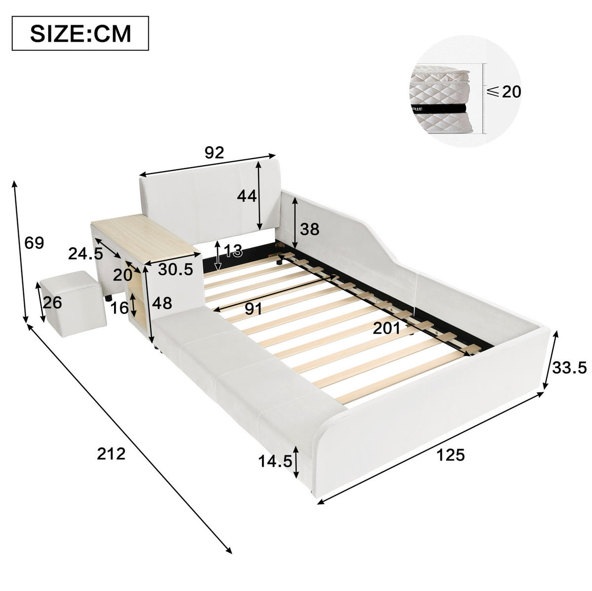 KINDERBETT 90/200 cm aus Samt mit Schreibtisch Hocker und Ablageboden Weiß - Weiß, Textil (90/200cm) - Modenvie