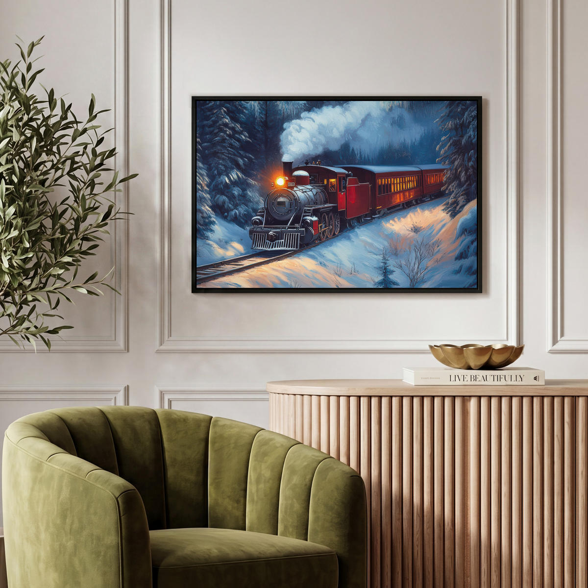 LEINWAND Bilder mit Rahmen - Zug - Weihnachten - Schnee - Weihnachtszug - 60x40 - Anthrazit, Textil (60/40cm) - MuchoWow