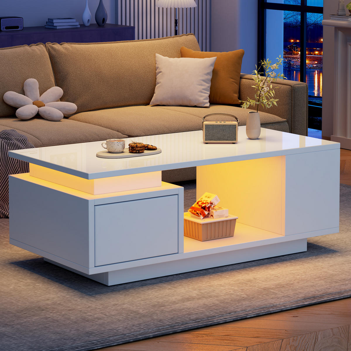 COUCHTISCH LED Weiß 1 Schublade 4 Ablagefächer 100x50x36cm - Weiß, Holzwerkstoff (100/50/36cm) - FLIEKS