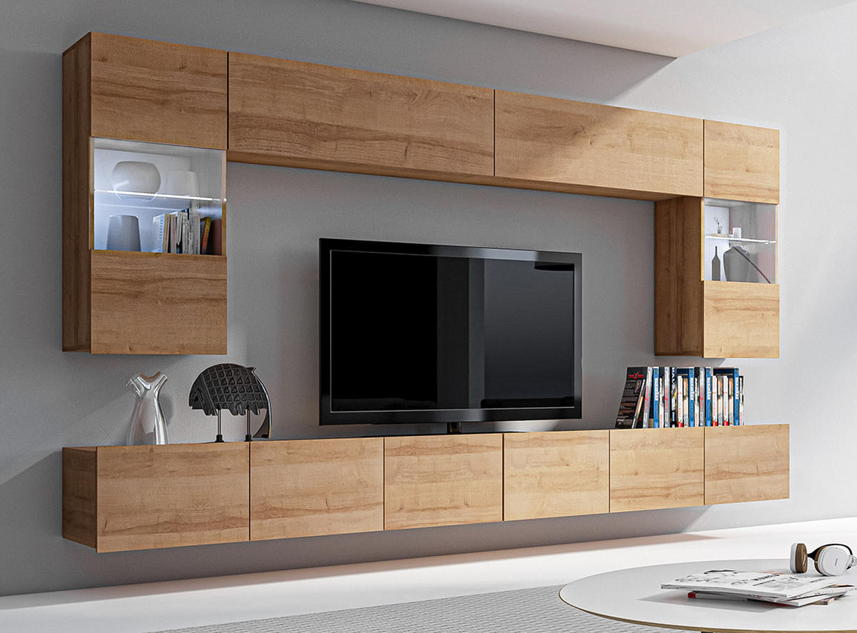 WOHNWAND Kossana 1 Modern Goldene Eiche 300/154/43 cm Stilvoll - Hellbraun, Holzwerkstoff/Kunststoff (300/154/43cm) - AX Living