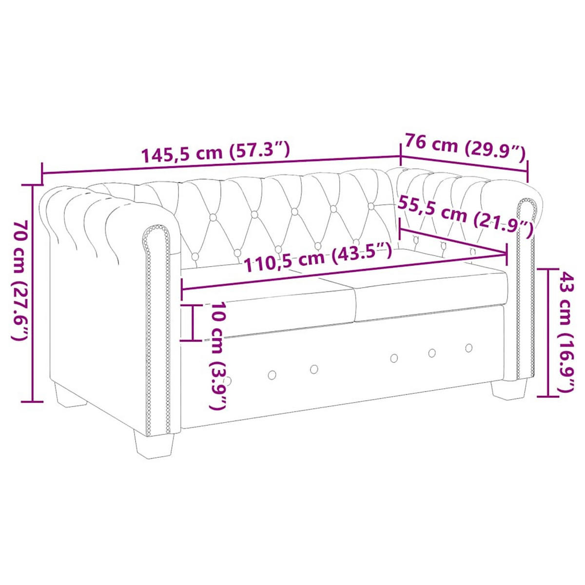 CHESTERFIELD-SOFA 2-Sitzer Kunstleder Schwarz - Schwarz, Leder (145.5/70/76cm) - vidaXL