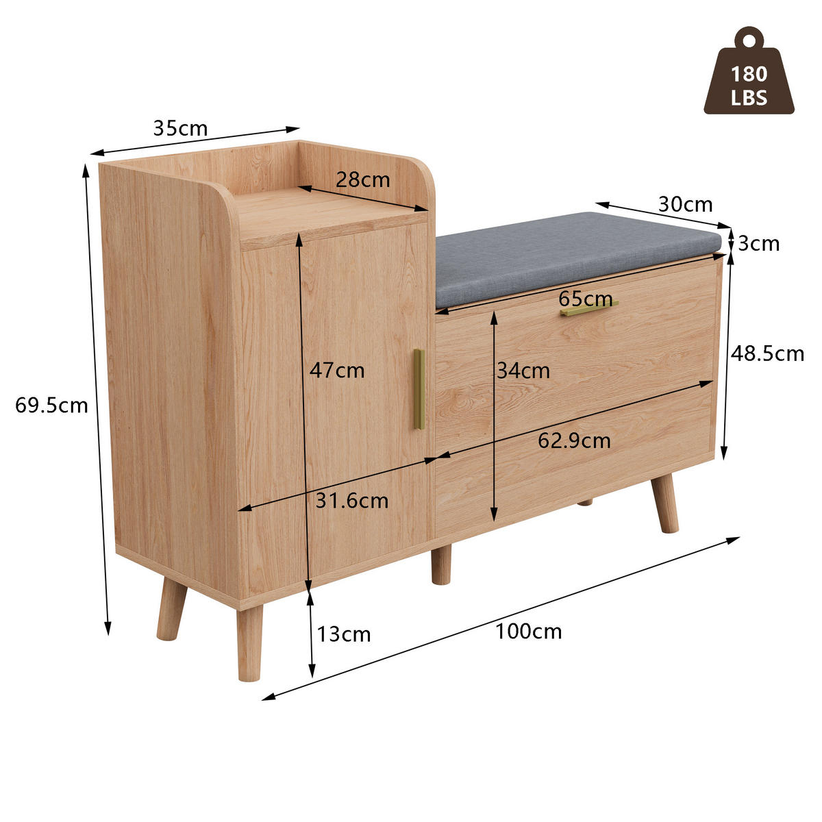 SCHUHSCHRANK MIT BANK mit Klappfach & offenen Regalen - Naturfarben, Holz (30/69.5/100cm) - SHOPENTRA