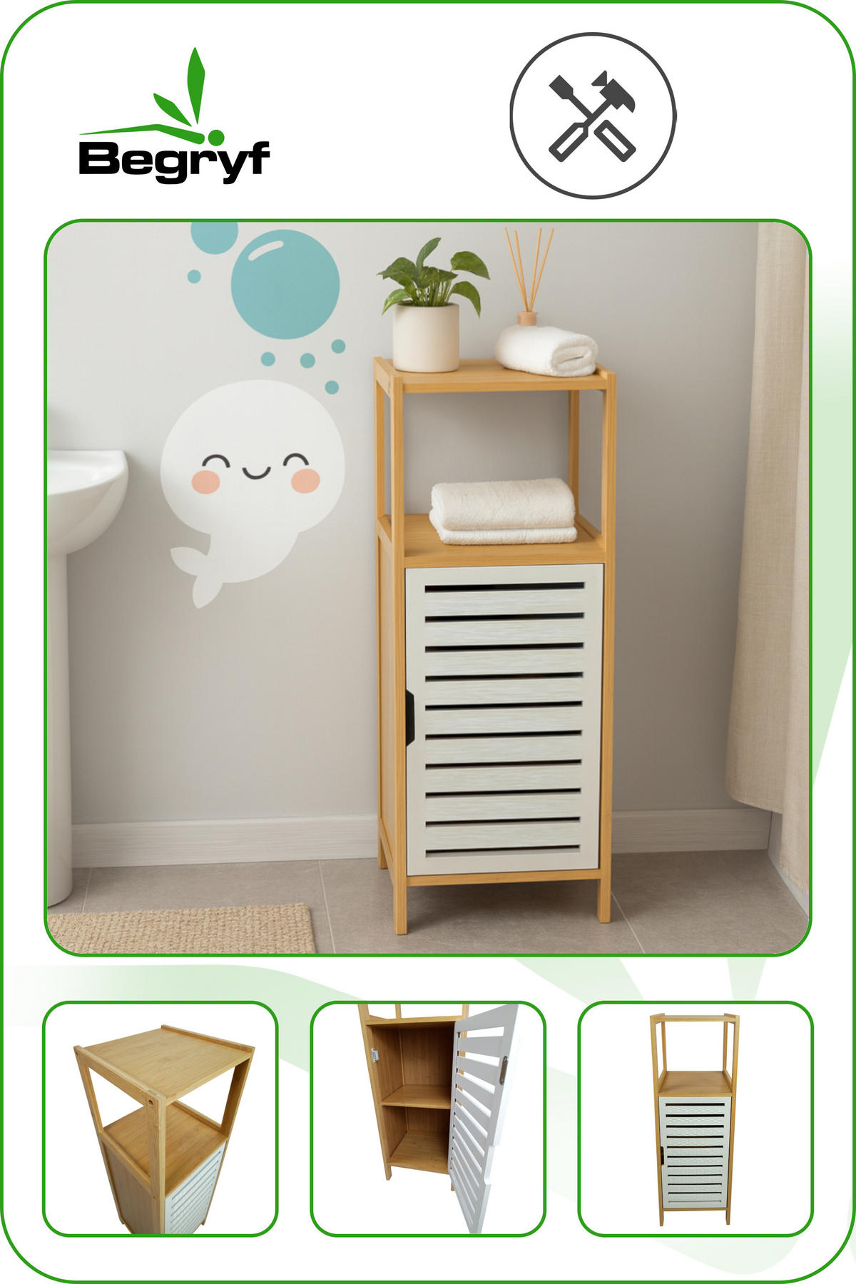 BADREGAL Bambus Weiß Naturfarben Schrank 89x30x30 cm - Naturfarben/Weiß, Holz (30/89/30cm) - Begryf