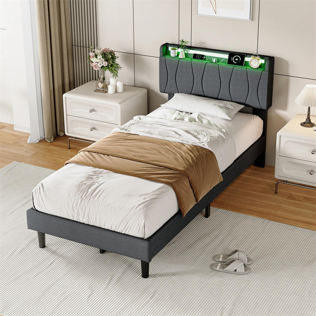 POLSTERBETT 90x200 cm mit LED-Beleuchtung - Kopfteil mit Ladefunktion - Gepolstertes Kopfteil - Grau - Grau, Textil (90/200cm) - DELFA