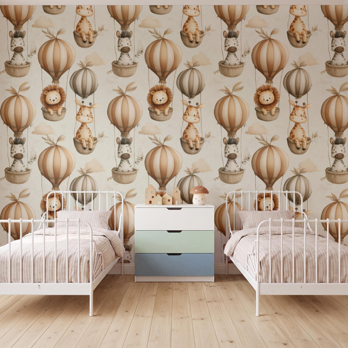 KINDERTAPETE - Safari - Heißluftballons - Taupe - 400x300 cm - Beige, Papier (400/300cm) - OnlyWow