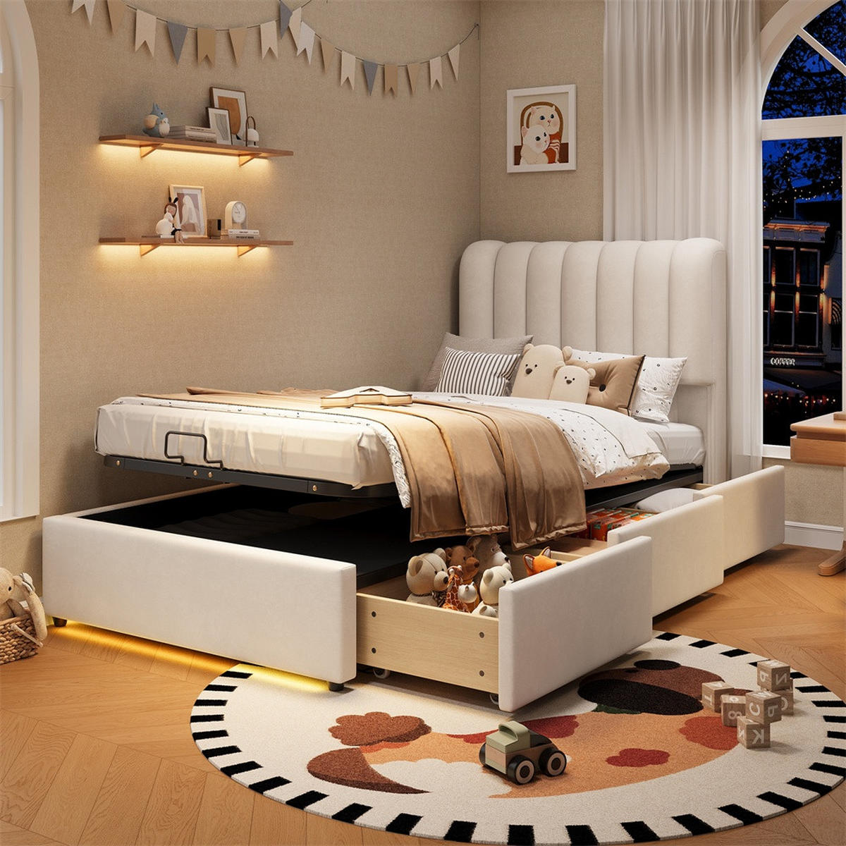 POLSTERBETT 90x200 cm mit hydraulischem Stauraum - 3 Schubladen & LED-Beleuchtung - Beige - ohne Matratze - Beige, Textil (90/200cm) - DELFA